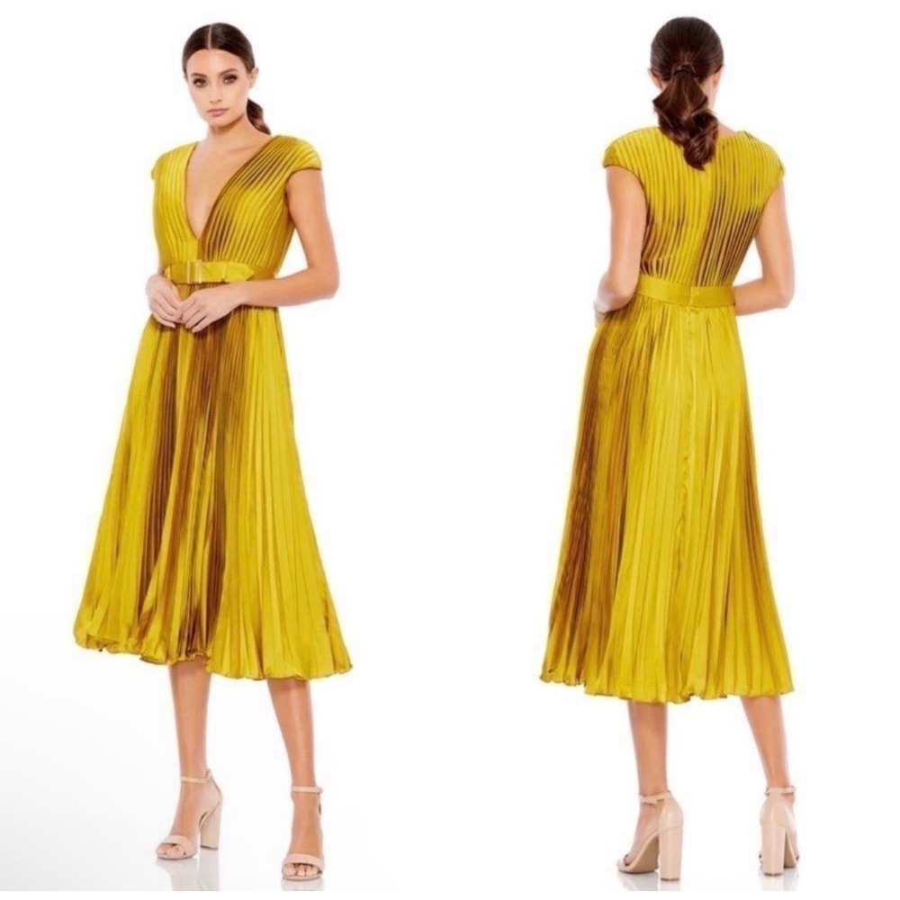 NWT MAC DUGGAL Pleated Cap Sleeve Belted ALine Dress 26483 Chartreuse Sz 10 $338 - Picture 5 of 6